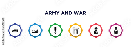 army and war filled icons with infographic template. glyph icons such as army car, ship, veteran, torture, secret agent, conscription vector.
