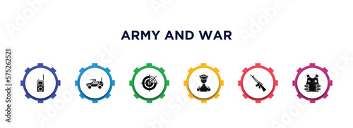 army and war filled icons with infographic template. glyph icons such as walkie talkie, armored vehicle, militar radar, officer, automatic gun, bulletproof vector.