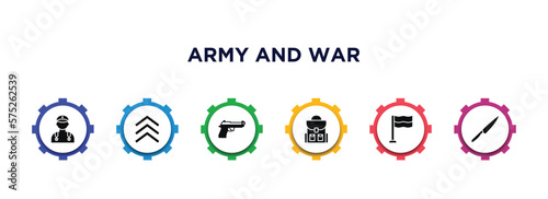 army and war filled icons with infographic template. glyph icons such as general, chevrons, pistol, backpack, patriot, knife vector.