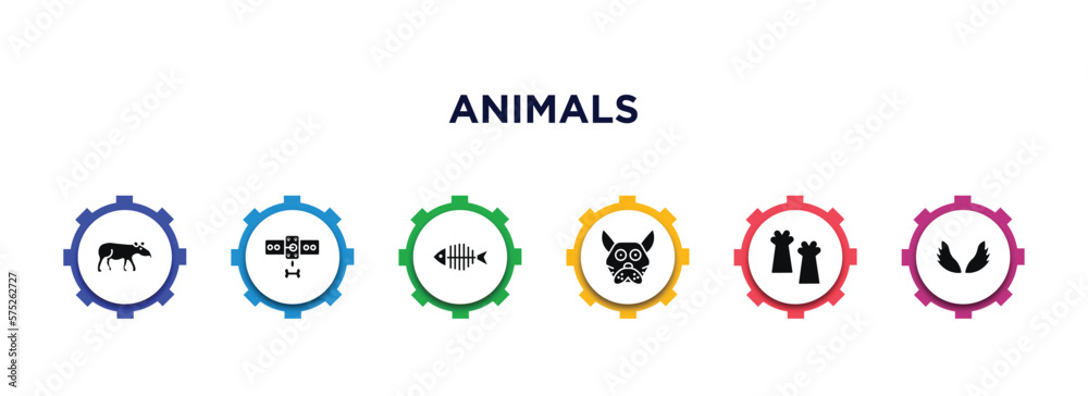 animals filled icons with infographic template. glyph icons such as tapir, leash, fish bone, japanese cat head, leg, wing vector. animals filled icons with infographic template. glyph icons such as tapir, leash, fish bone, japanese cat head, leg, wing vector.