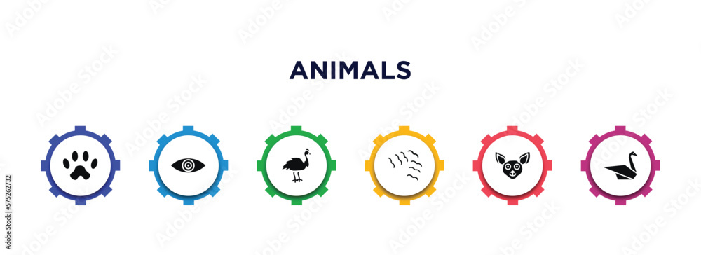 animals filled icons with infographic template. glyph icons such as paw, fish eye, cassowary, flock of birds, chihuahua, origami swan vector. animals filled icons with infographic template. glyph icons such as paw, fish eye, cassowary, flock of birds, chihuahua, origami swan vector.
