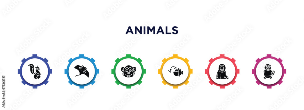 animals filled icons with infographic template. glyph icons such as skunk, ray, chimpanzee, angler, baboon, beaver vector. animals filled icons with infographic template. glyph icons such as skunk, ray, chimpanzee, angler, baboon, beaver vector.