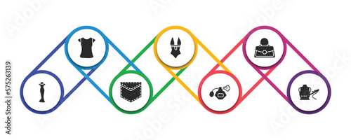 woman clothing filled icons with infographic template. glyph icons such as polo shirt for women, swimsuit feminine, handbag elegant, female long black dress, pocket, parfum bottle, clothing stitches