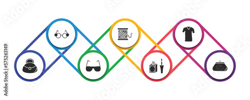 woman clothing filled icons with infographic template. glyph icons such as round eyeglasses, thread spool, clothes, hobo shoulder bag, rectangular eyeglasses, liquid eyeliner, female wallet vector.
