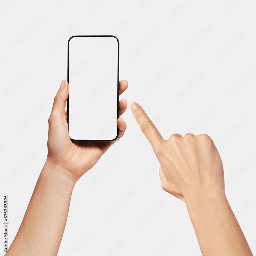 Hand holding a smartphone, and another hand pointing
