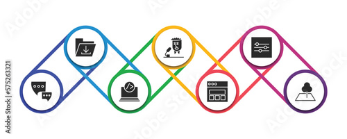 web filled icons with infographic template. glyph icons such as download file, newscaster, on slider, communication tool, closing, web page variant, land vector.