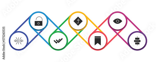 user interface filled icons with infographic template. glyph icons such as unblocked, go, visible, compress, double checking, bookmark, horizontal alignment vector.