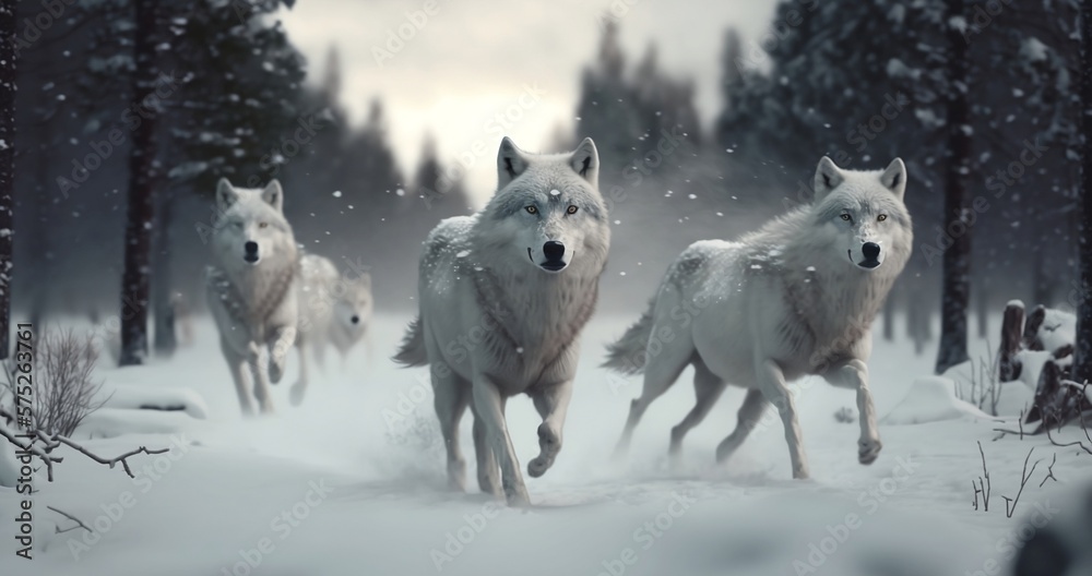 A pack of white wolf . illustration