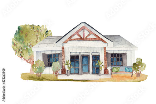 Watercolor illustration of white wooden american house with garden furniture and lawn, isolated illustration on white background