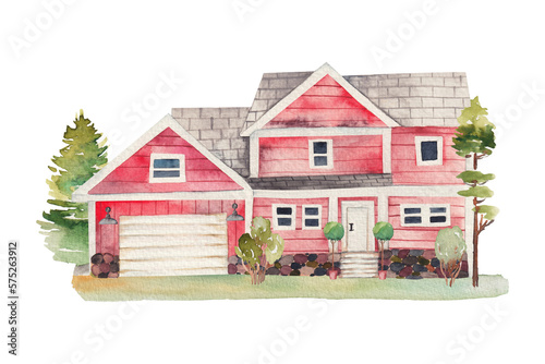 Watercolor illustration of red wooden american house and lawn, isolated illustration on white background