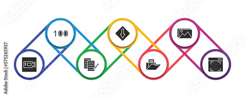 user interface filled icons with infographic template. glyph icons such as one hundred, low, images, facetime, paper work, data folder, screen in white vector.