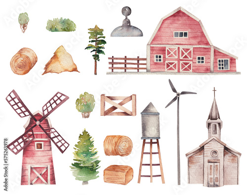 Foto Set of watercolor red wooden barn, mill, rustic church and garden elements, isol