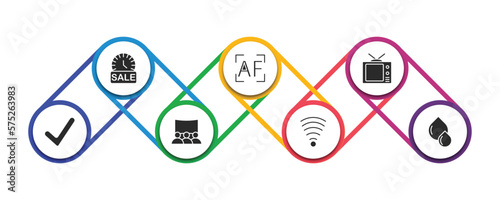user interface filled icons with infographic template. glyph icons such as sale time, auto focus, eighties, to do, cinema hall, , big and small drops vector.