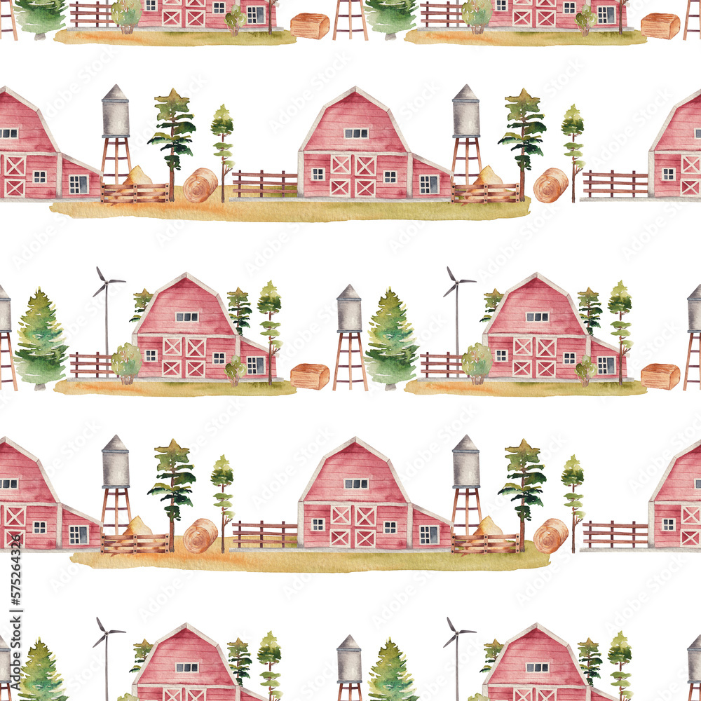 Seamless pattern of watercolor red rustic barns, water tower and windmill, illustration on white background