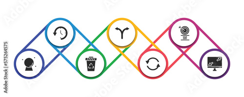 user interface filled icons with infographic template. glyph icons such as circular arrow clock, bifurcation, archery champion, psychic, recycling container, continuous, display size vector.
