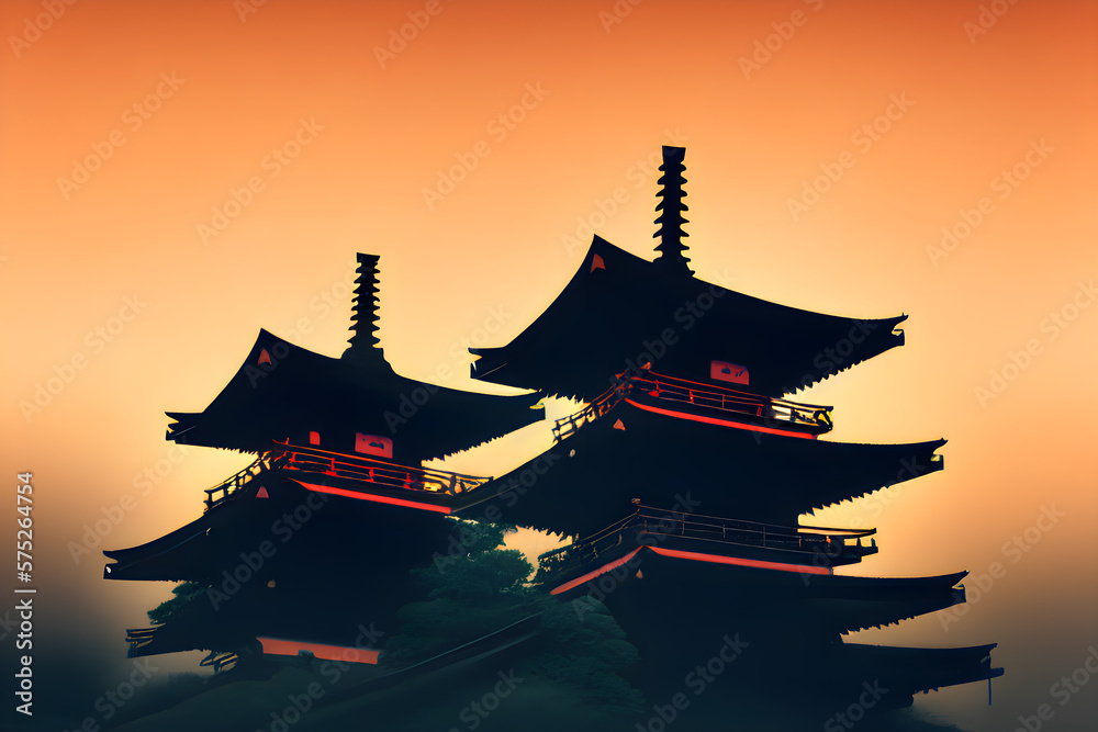 Pagoda in the evening. Generative AI