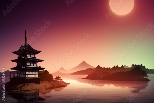 Japanese temple, sunset over the lake landscape with empty space for writing. Generative AI