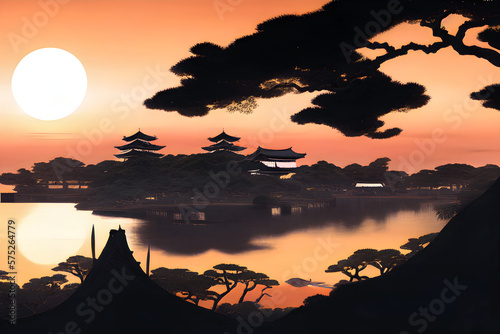 Sunset over feudal coastal city  Japanese style. Generative AI