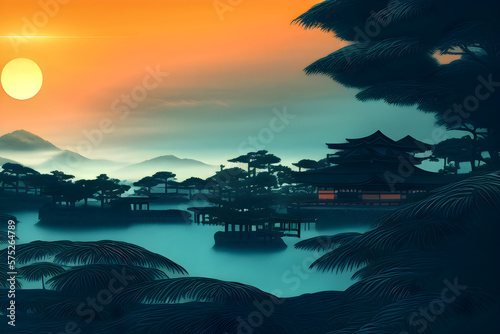 Sunset over feudal coastal city, Japanese style. Generative AI