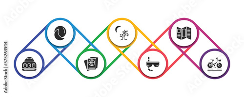 travel filled icons with infographic template. glyph icons such as basic moon, moon and tree, brochure, baby bag, passport, diving goggles, bike with front basket vector.