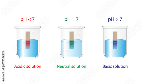 PH indicator. Acidic, neutral, basic solutions. Color change of indicator paper to red for acids, to blue for bases and to green for neutral solution. Vector scientific design.