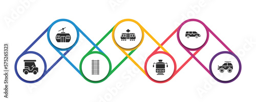 transportation filled icons with infographic template. glyph icons such as chairlift, tramway, people carrier, golf cart, railway line, tram front view, all terrain vector.