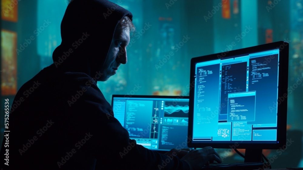 Computer Hacker in Hoodie. Obscured Dark Face. Concept of Hacker Attack, Virus Infected Software, Dark Web and Cyber Security. Computer Hacker in Hoodie. Obscured Dark Face. Concept of Hacker Attack, Virus Infected Software, Dark Web and Cyber Security.