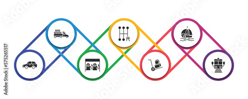 transport filled icons with infographic template. glyph icons such as loaded truck side view, shift, sailing boat with veils, auto, petrol station, cart with boxes, train front view vector.