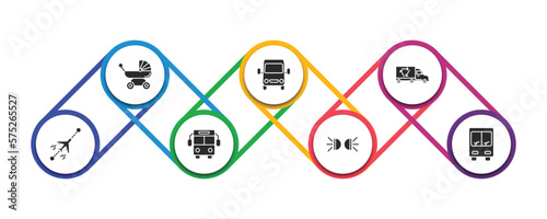 transport filled icons with infographic template. glyph icons such as pram, van front view, recycling truck, flights, public transport, car lights, public transportation vector.