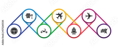 transport filled icons with infographic template. glyph icons such as school bus stop, air transport, airplane flying, steering, quad bike, diesel train, car repair vector.