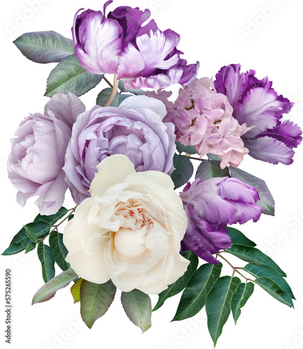 Bouquet of soft lilac roses and purple tulips isolated on a transparent background. Png file.  Floral arrangement. . Can be used for invitations, greeting, wedding card.