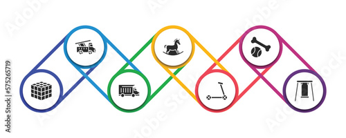 toys filled icons with infographic template. glyph icons such as fire truck toy, rocking horse toy, puppy toy, thinking game dump truck scooter swing vector.