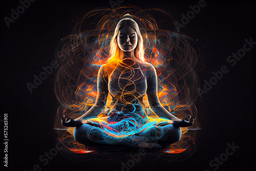 Woman Meditating in yoga lotus pose mental transformation. A state of trance and deep meditation. A spiritual journey in the universe. Abstract chakra meditation energy background. Illustration photo