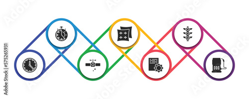 tools and utensils filled icons with infographic template. glyph icons such as minute, cushion, semaphore light, clock and watch, pipe losing water, program tings, fuel oil bomb service vector.