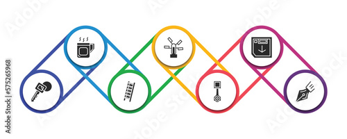 tools and utensils filled icons with infographic template. glyph icons such as cup of hot coffee, windmills, face down floppy disk, key ring, hanging ladder, piston on, ink pen vector.