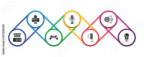 technology filled icons with infographic template. glyph icons such as paper printer, big old microphone, globe connected circuit, fryer, video game controller, tv side, ecologic bulb vector.