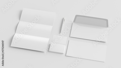 Blank corporate stationery set mockup on white background. Branding mock up. Side view