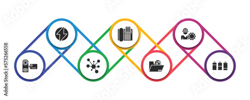 technology filled icons with infographic template. glyph icons such as electric, fax phone, project manager, little camcorder, conection, file storage, battery levels vector.