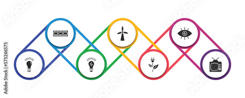 technology filled icons with infographic template. glyph icons such as horizontal film strip, eolic, black eye, ideas, electric light bulb, ecologic electricity, old television vector.