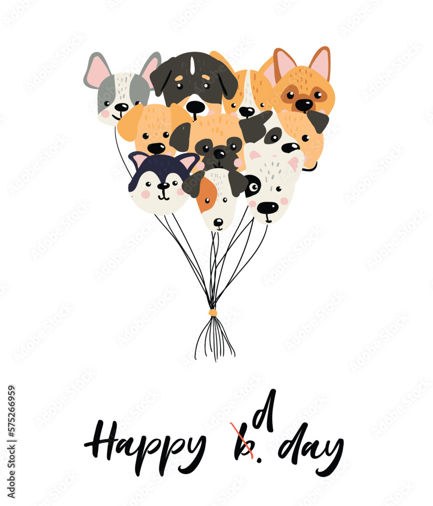 Funny birthday card with dogs as balloons in modern childish style ...