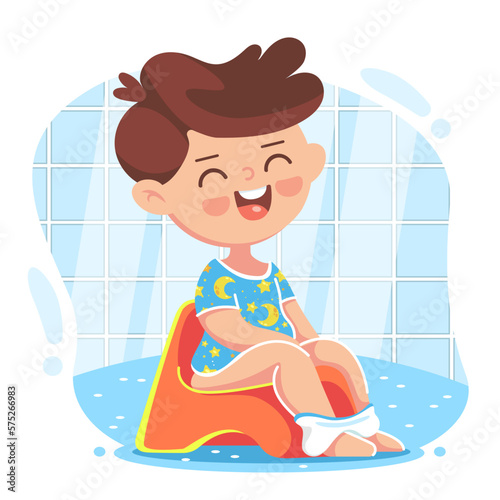 Vector illustration of a boy on a potty in the toilet. It can be used as a playing card, learning material for kids.