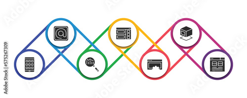technology filled icons with infographic template. glyph icons such as mentions, semantic elements, virtual box, native apps, search engine marketing, website optimization, user interface vector.