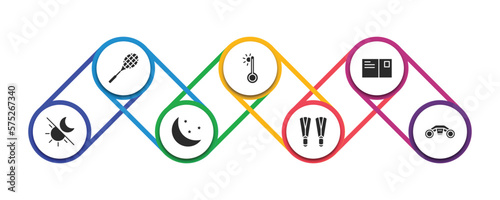 summer filled icons with infographic template. glyph icons such as rackets, summer temperature, postcard, solstice, moon, flippers, sea scooter vector.