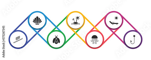 summer filled icons with infographic template. glyph icons such as seashell, island, deck chairs and sun, funicular, firefly, jellyfish, fish and hook vector.