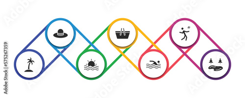 summer filled icons with infographic template. glyph icons such as pamela, pinic basket, beach volleyball, island with palm trees, sun at sea, swimming person, lake vector.