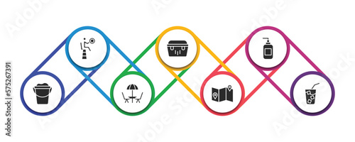 summer filled icons with infographic template. glyph icons such as life guard, portable fridge, dispenser, sand bucket, terrace, travel guide, refreshing cold drink vector.