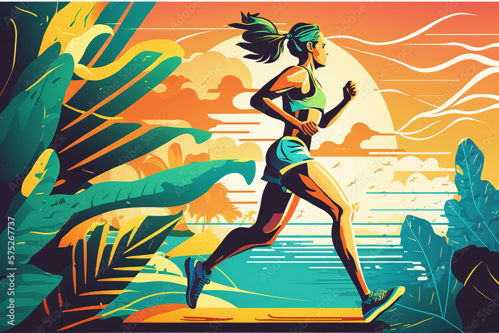 Illustration Of One Girl Running Exercise, Beautiful Sea Beach View in Sunset, Summer, Generative AI,