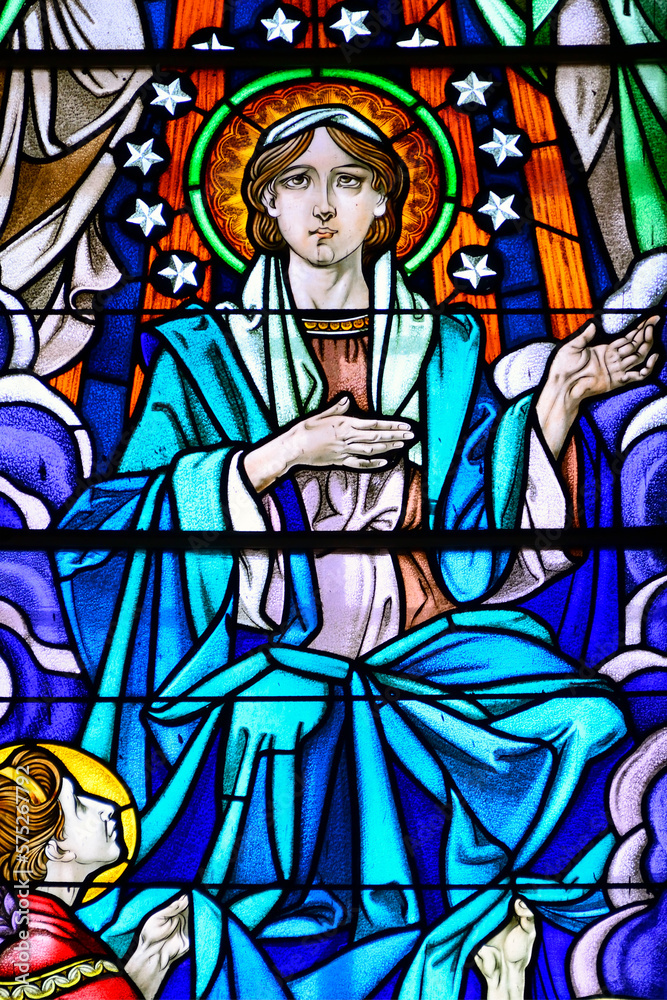 Stained glass window, Notre Dame des Anges Church of Mahébourg, Grand Port district, Mauritius, Mascarene Islands, Mascarenhas Archipelago, Africa Stained glass window, Notre Dame des Anges Church of Mahébourg, Grand Port district, Mauritius, Mascarene Islands, Mascarenhas Archipelago, Africa