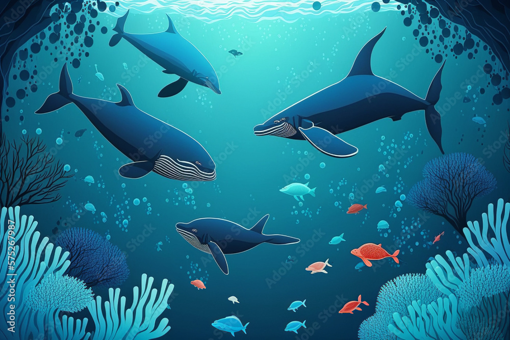 Big whale illustration, Underwater landscape, sperm whale, fish shoal and manta ray in seaweeds, vector undersea background, Sea or ocean deep water and coral reef landscape with whale, Generative Ai