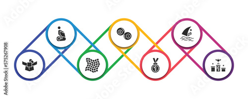sports filled icons with infographic template. glyph icons such as exercise gym, ball pool, windsurf sea, mawashi, fishing net, medal with number 1, podium with cup vector.